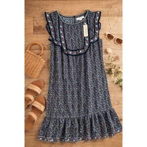 Max Studio Floral Boho Midi Dress Size Small NWT Navy Ruffle